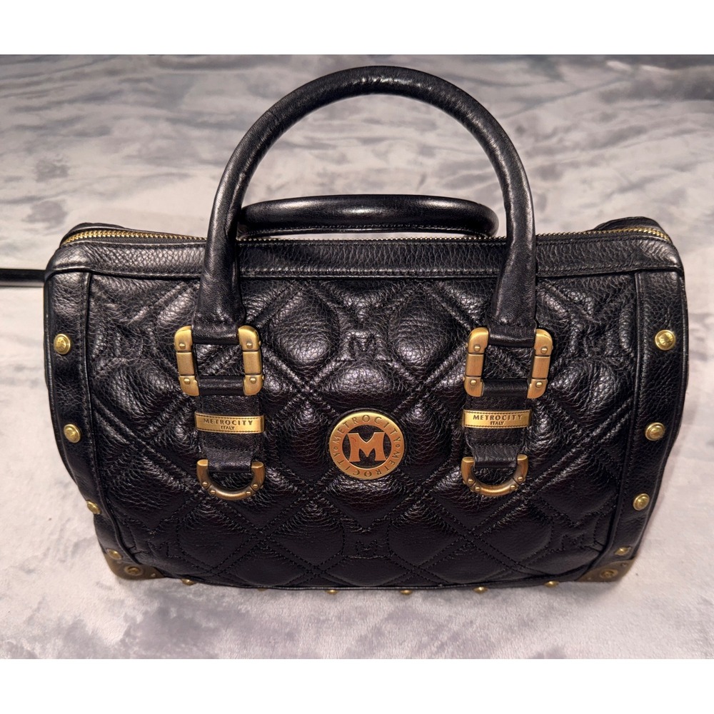 Metrocity Italy Black Quilted Pebbled Leather Satchel Handbag Brass Hardware